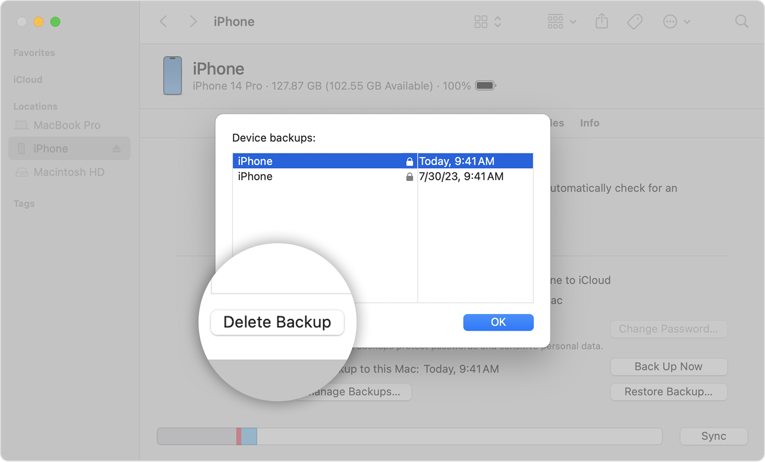 A Finder window showing the option to delete device backups