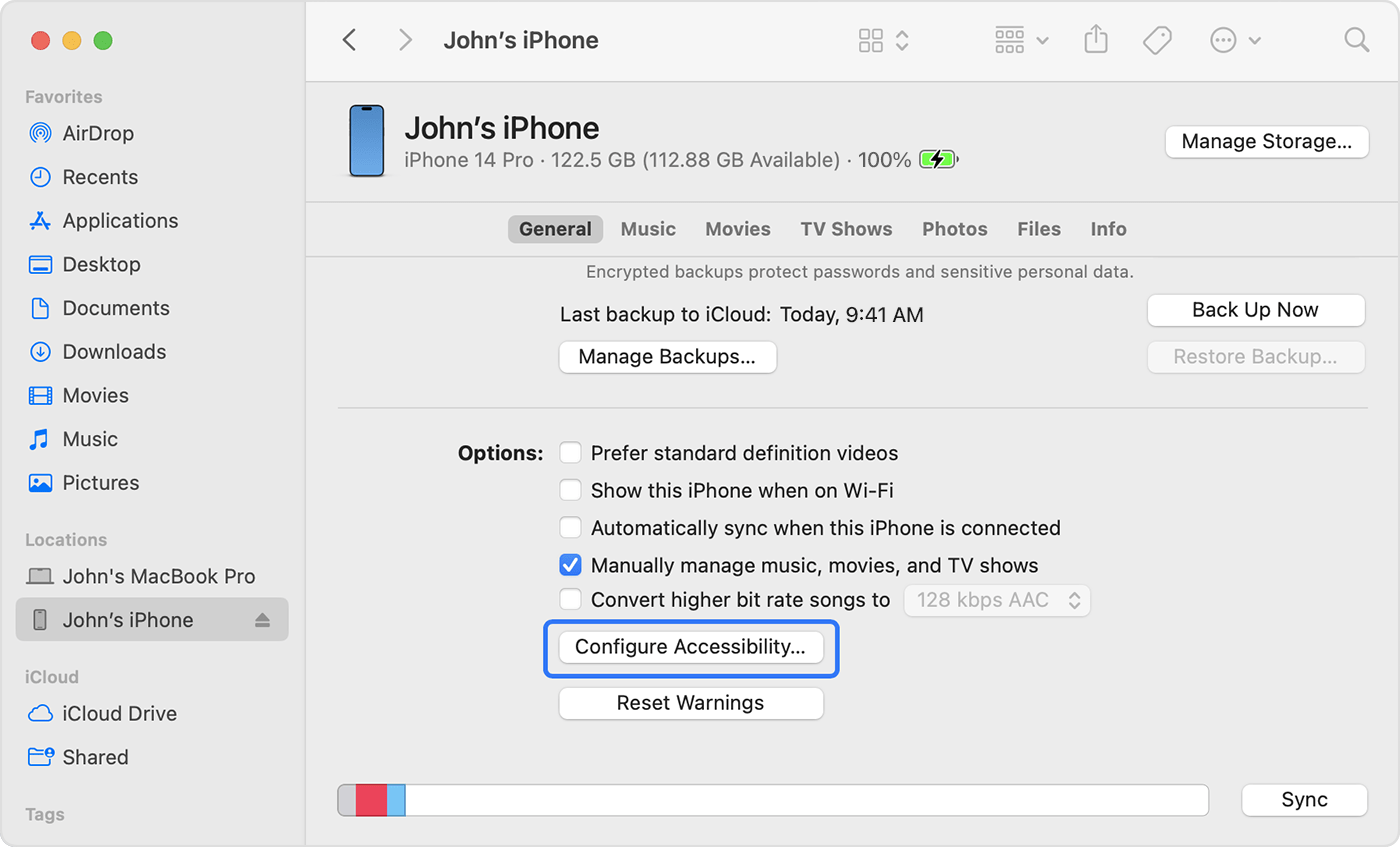 A Finder window showing the options for configuring accessibility with a connected iPhone