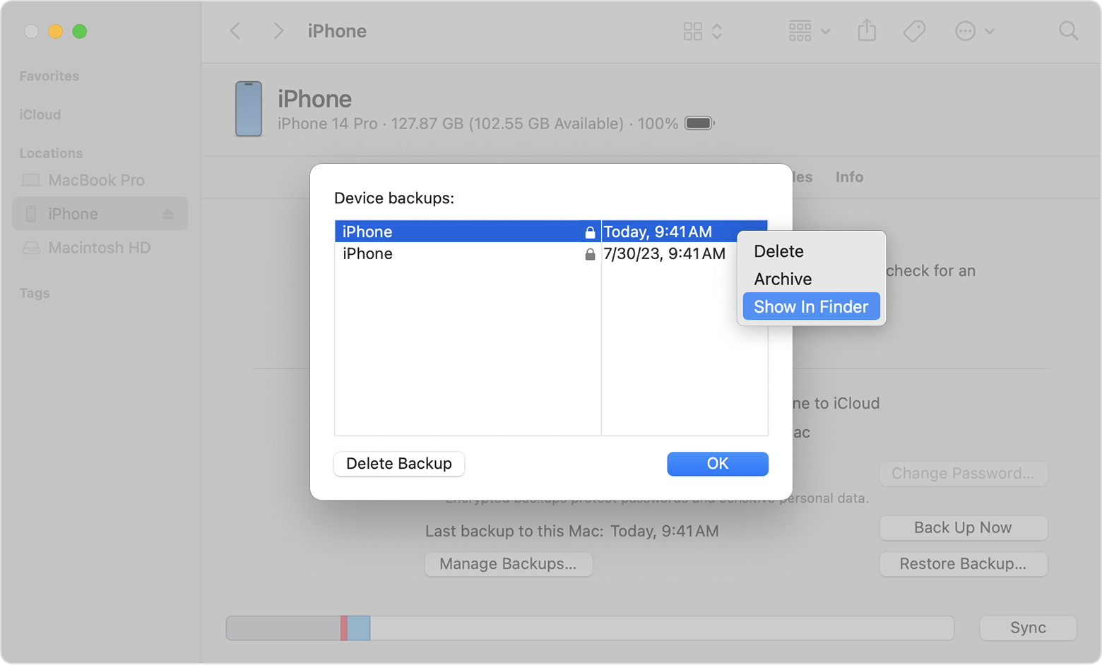 A Finder window showing the options to manage your backups