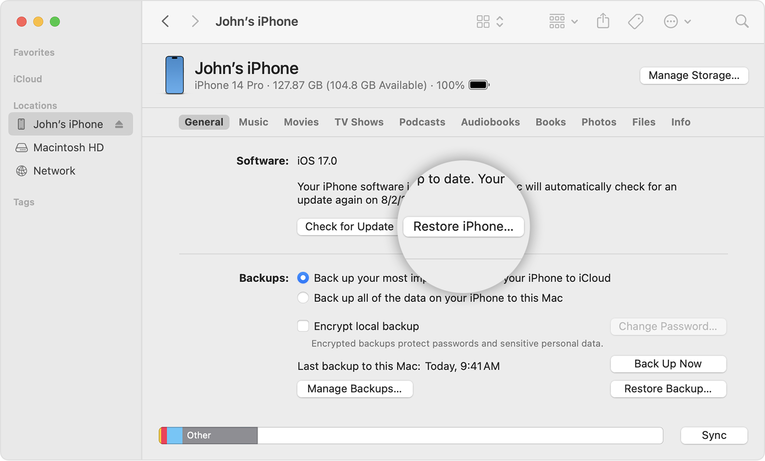 iPhone 복원 옵션이 표시된 Finder 윈도우