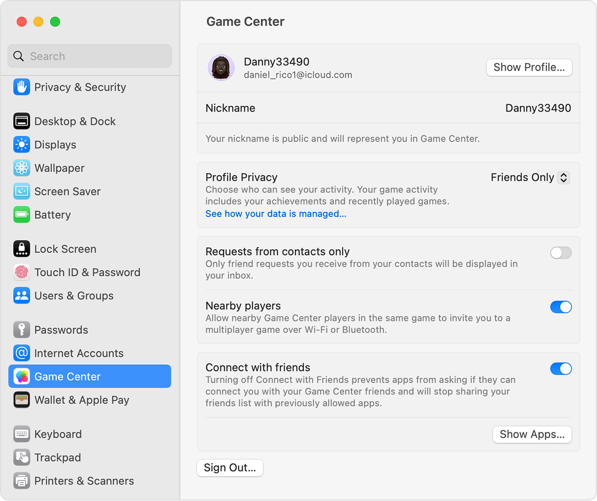 Game Center în Configurări sistem pe Mac
