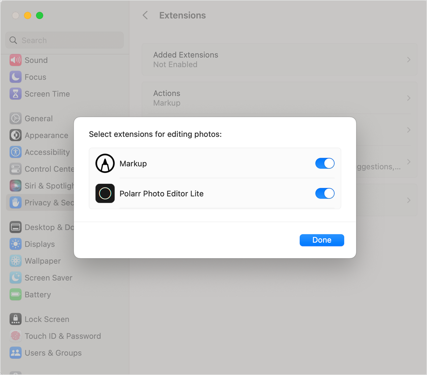 Vous pouvez sélectionner une extension tierce pour Photos à partir des réglages du Mac.