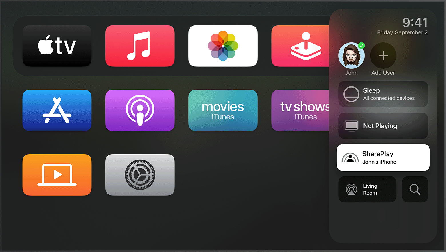 Apple TV showing SharePlay in Control Center