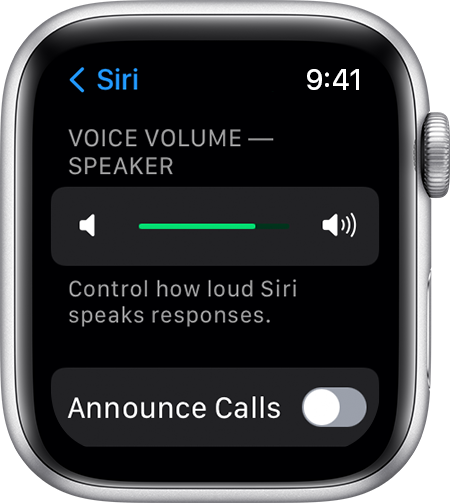 Снимок экрана watchOS с пунктом «Громкость голоса — динамик»