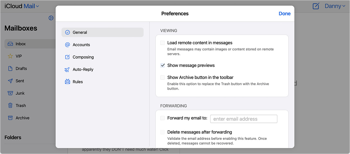 "Load remote content in messages" is the first item in the Viewing section.