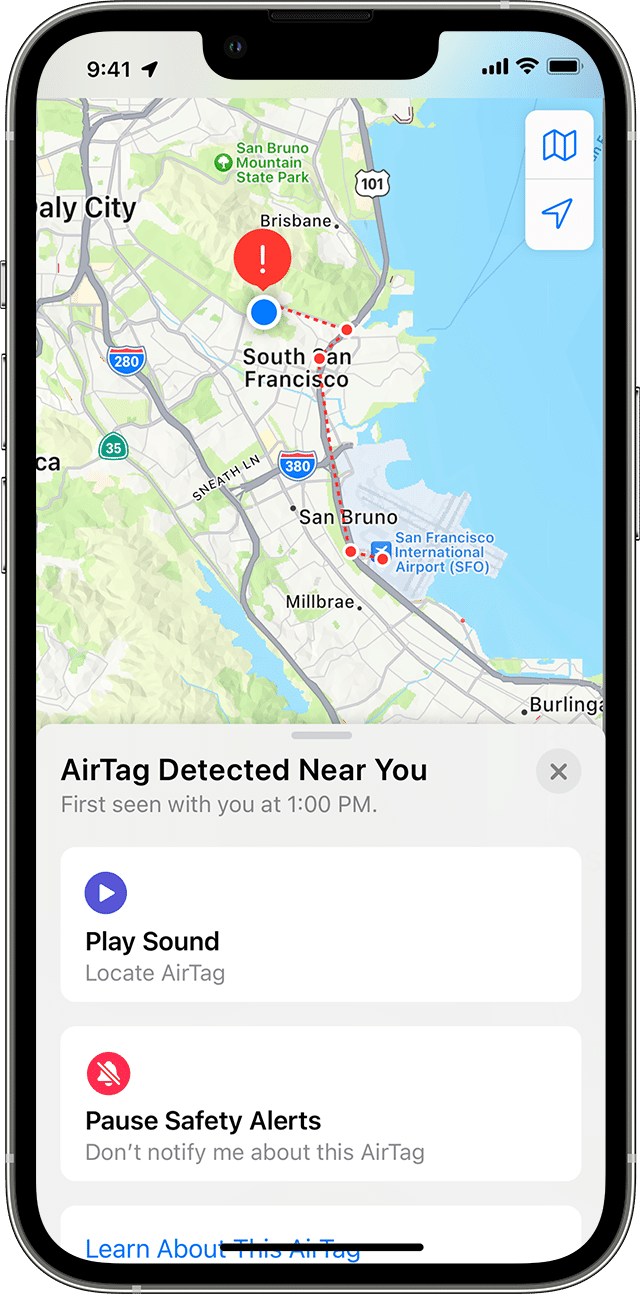 iPhone の「探す」App で不明な持ち物が地図上に表示されているところ