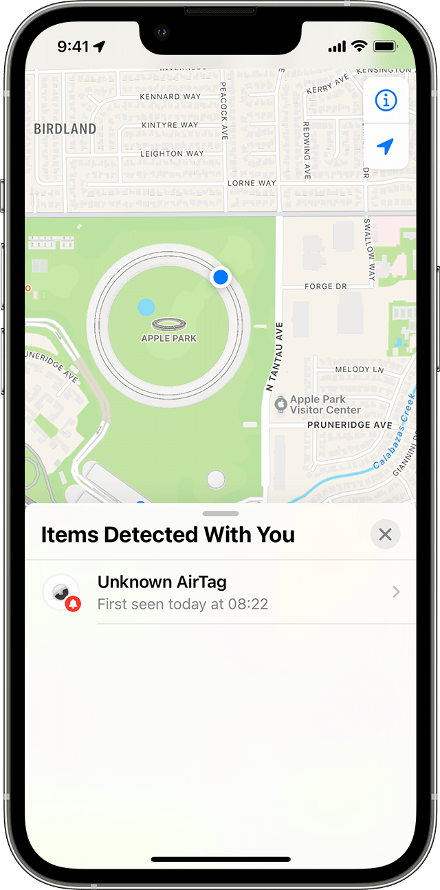 「探す」App で不明な AirTag が地図上に表示されているところ