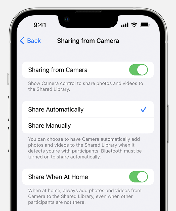 To add a button in the Camera app to share photos and videos to your Shared Library, turn on Sharing from Camera.