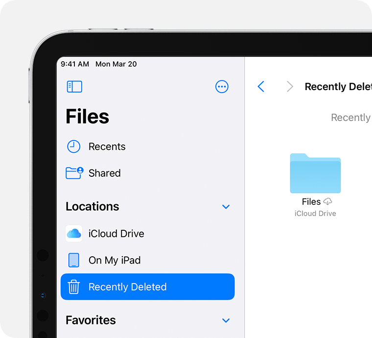 An iPad showing the Locations options in the Files App, highlighting Recently Deleted.