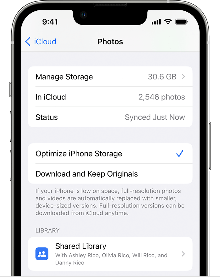 An iPhone showing Photos settings for iCloud, including the options to Optimise iPhone Storage or Download and Keep Originals