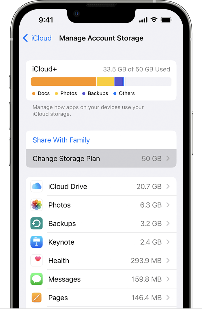 Change Storage Plan is below the Share With Family button.
