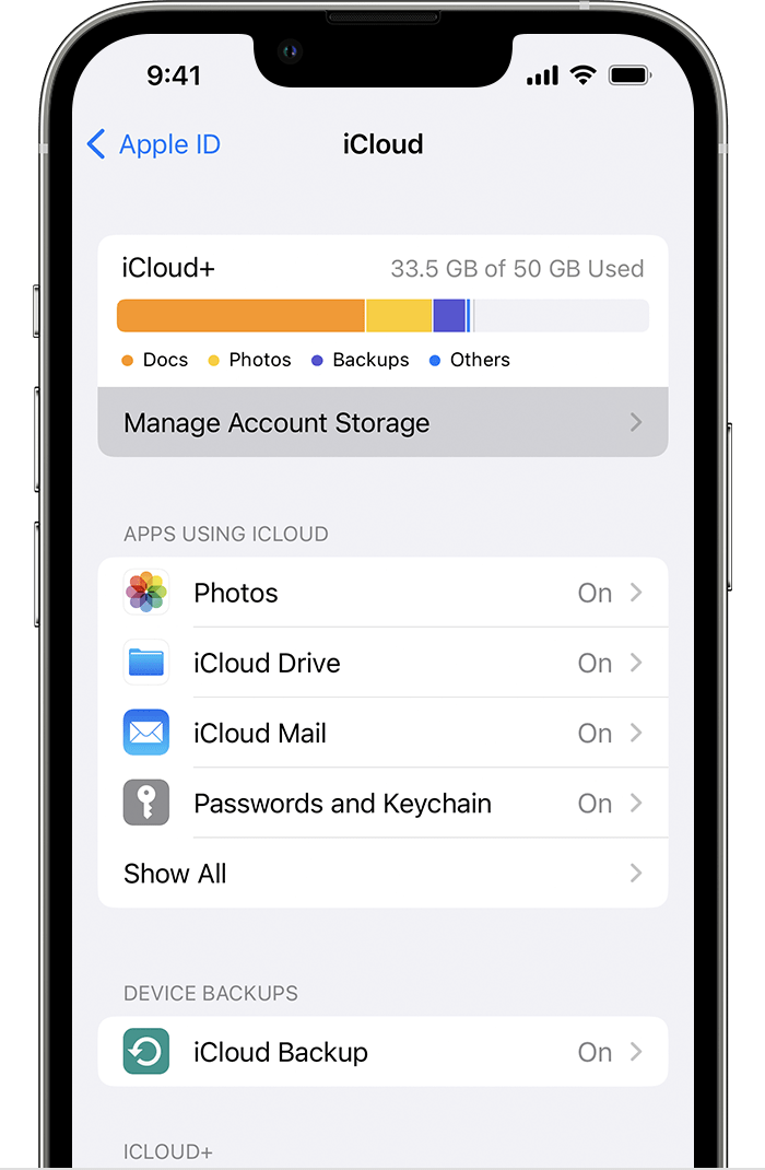 The amount of iCloud storage you've used and the total amount you have are shown in the top section.