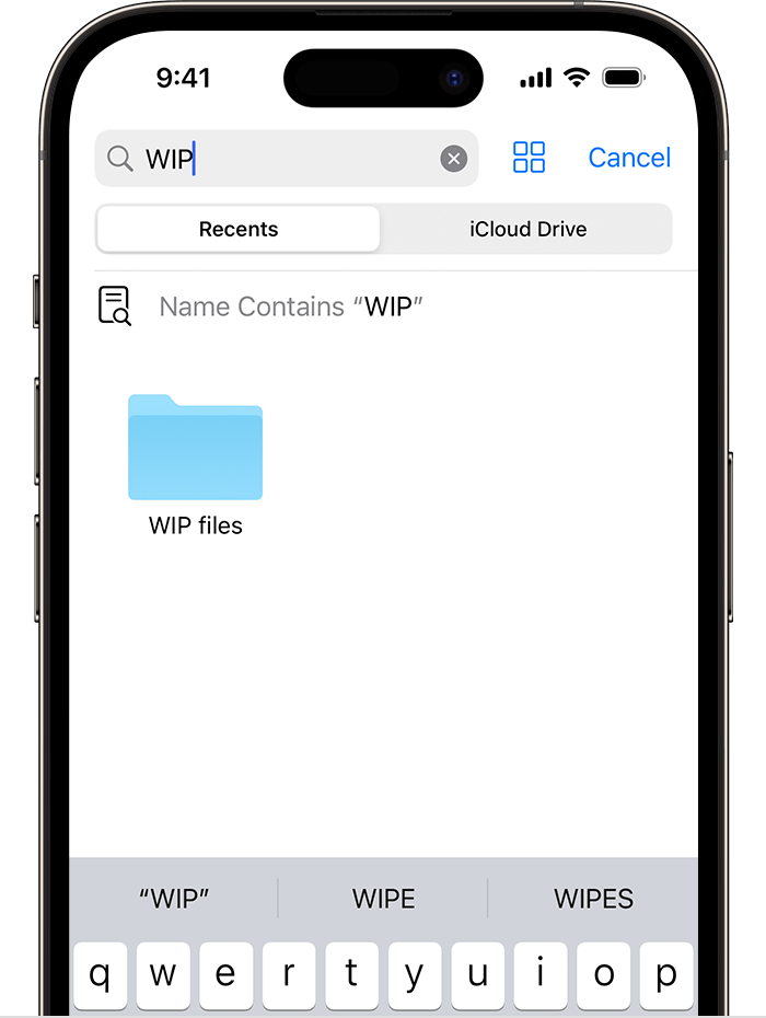 A fájlok alkalmazás képe az iPhone -on, amely megmutatja a keresést