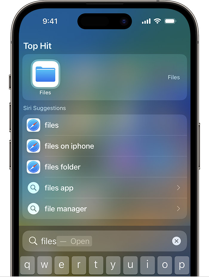 iPhoneでの検索の画像。ファイルアプリアイコンは、画面の上部にあるトップヒットの下にリストされています。