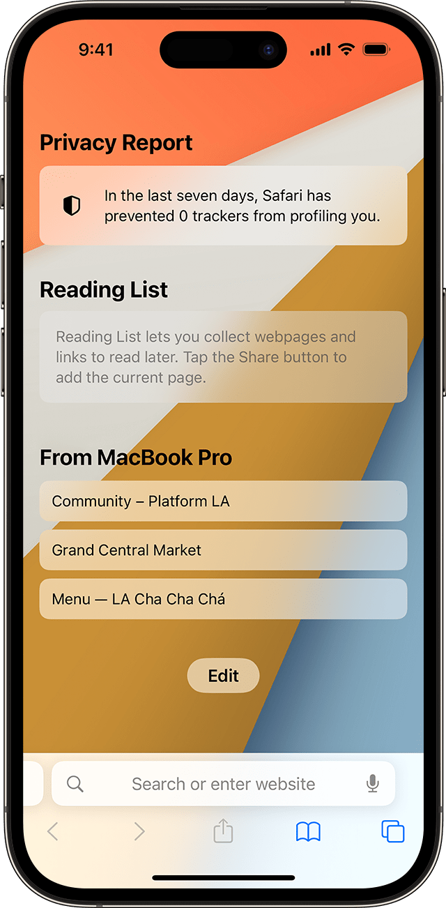 An image of an iPhone screen. Below "Reading List" is a "From MacBook Pro" section with three tabs open.