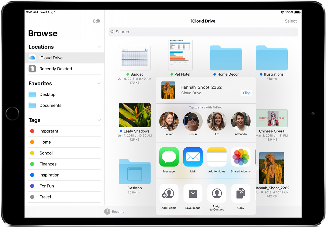 Mac with iCloud Drive selected and file showing suggested contacts to share with AirDrop