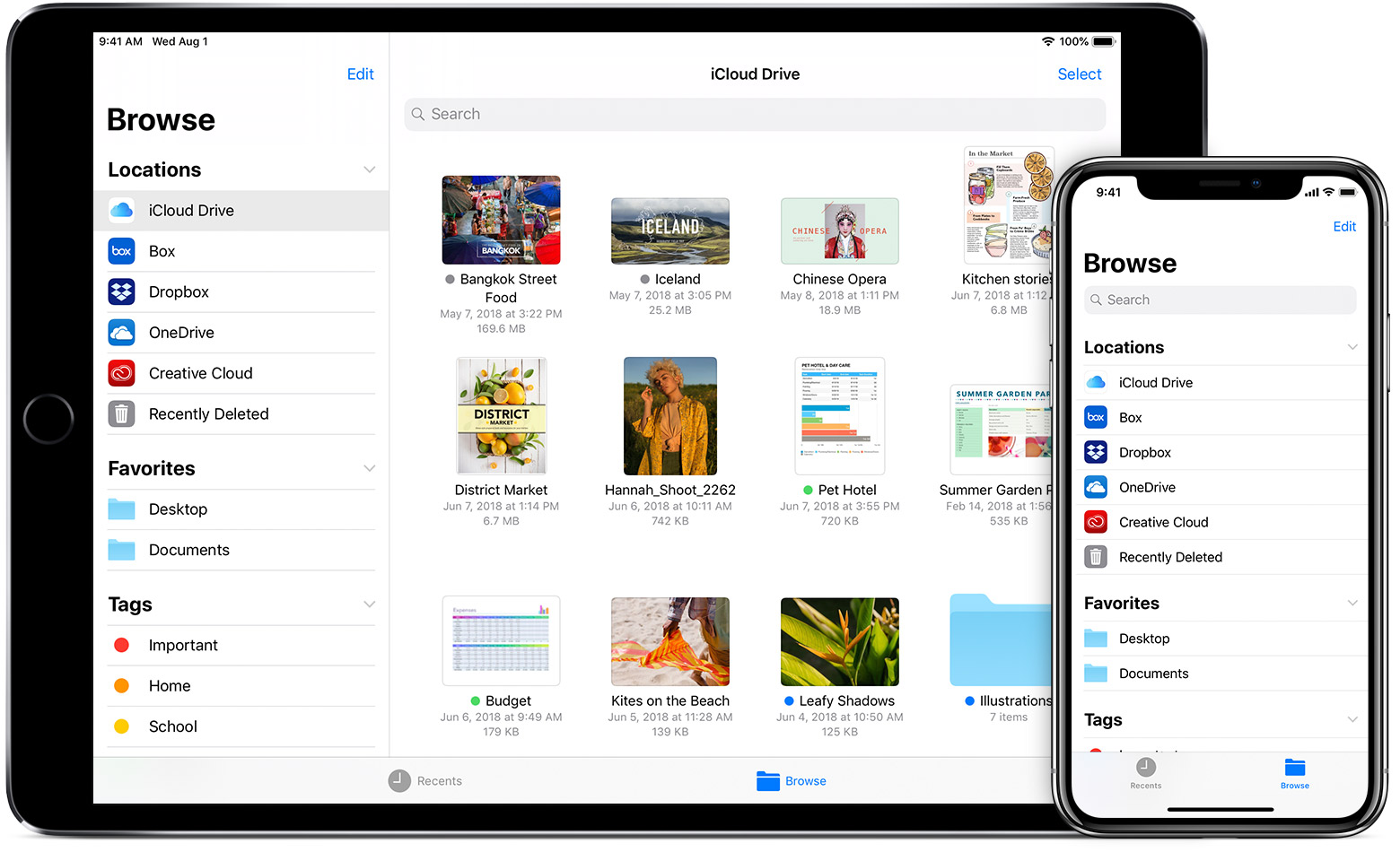 Mac showing iCloud Drive, and iPhone showing Browse screen
