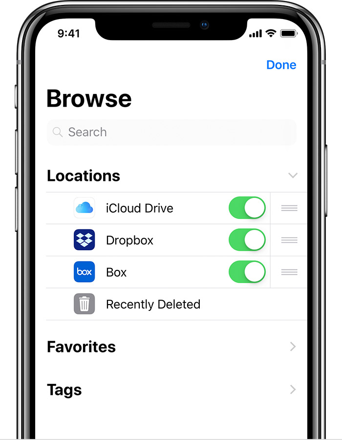 iPhone showing Browse screen with iCloud Drive, Dropbox, and Box turned on