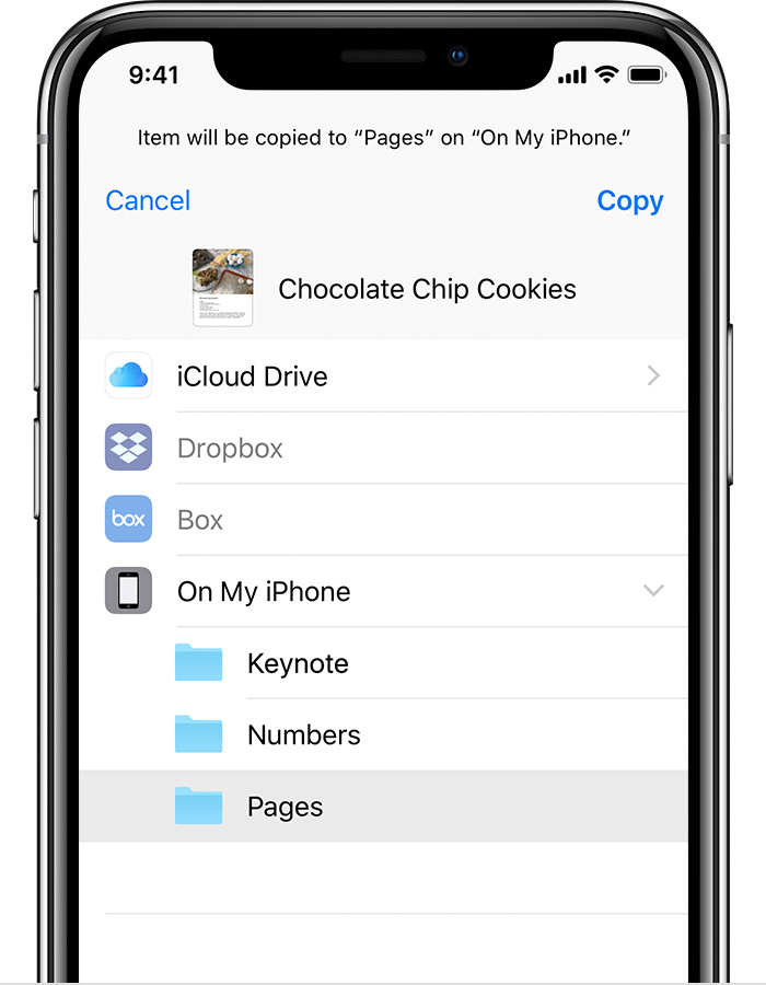 iPhone showing Chocolate Chip Cookies file, with note that item will be copied to Pages on My iPhone