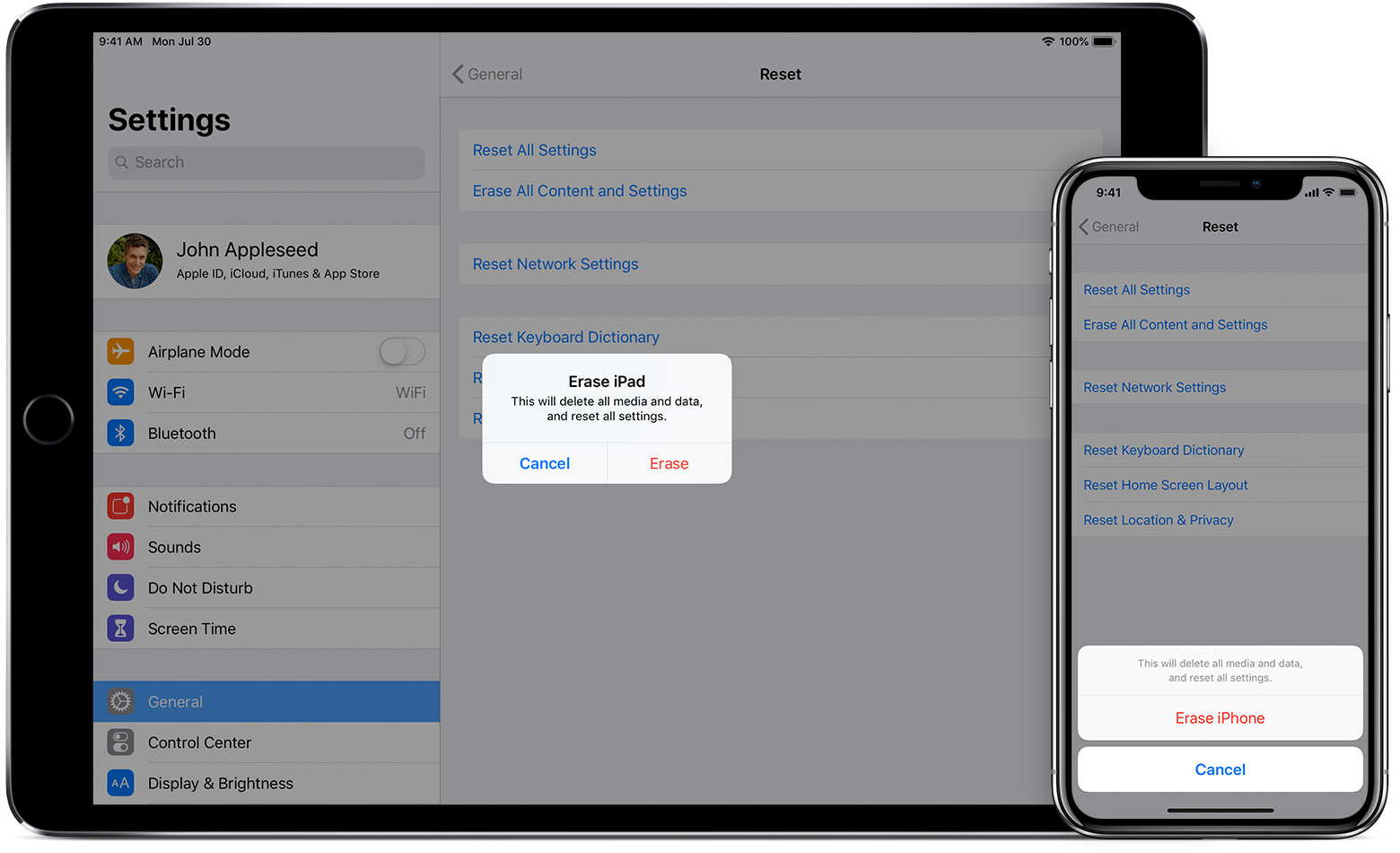iPad ที่แสดงข้อความลบข้อมูล iPad และ iPhone แสดงการตั้งค่าการรีเซ็ต￼
