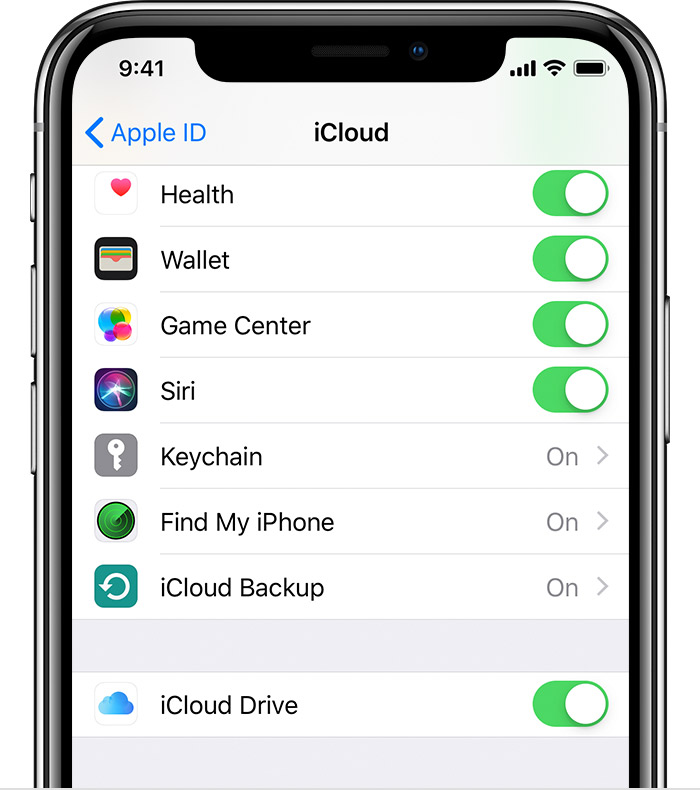 iPhone affichant l’option iCloud Drive activée