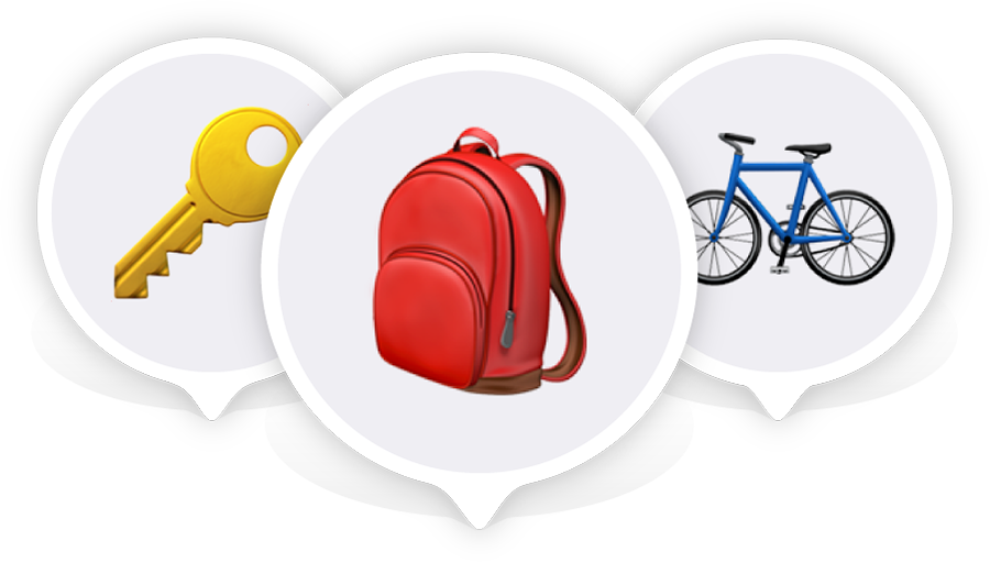 En nøkkel-emoji, en ryggsekk-emoji og en sykkel-emoji inni hver sin stedsnål.