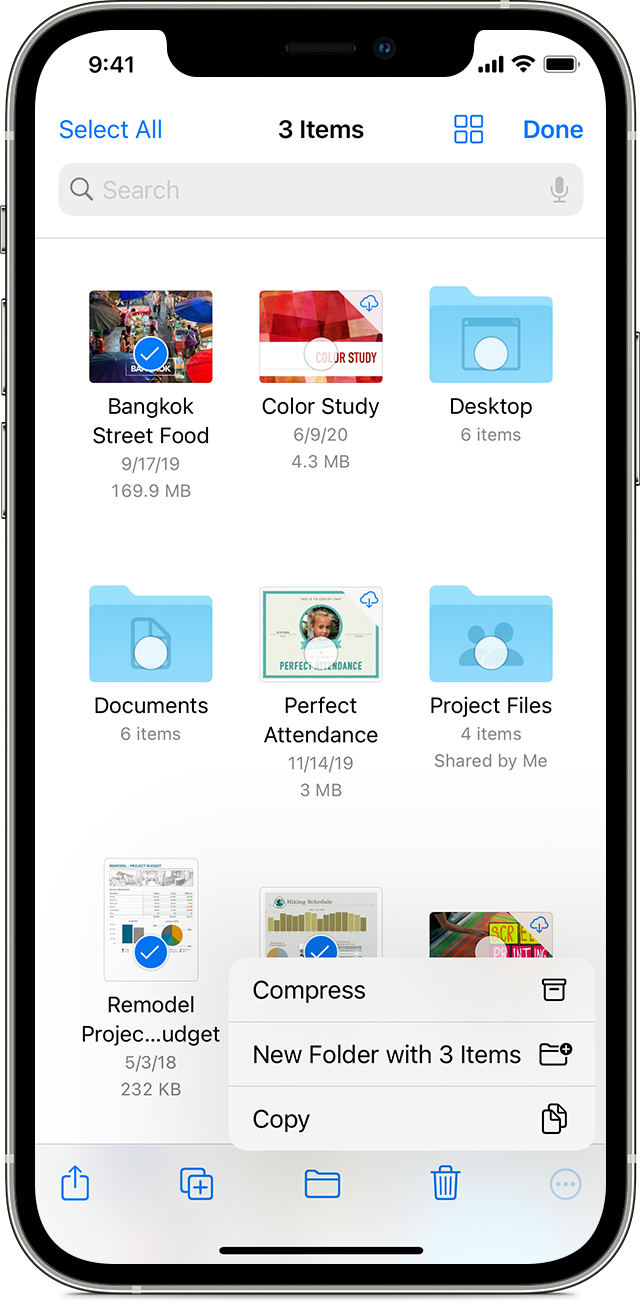 3 items are selected in the Files app on an iPhone 12 Pro with the More button showing options like Compress and New Folder with 3 Items in the menu.