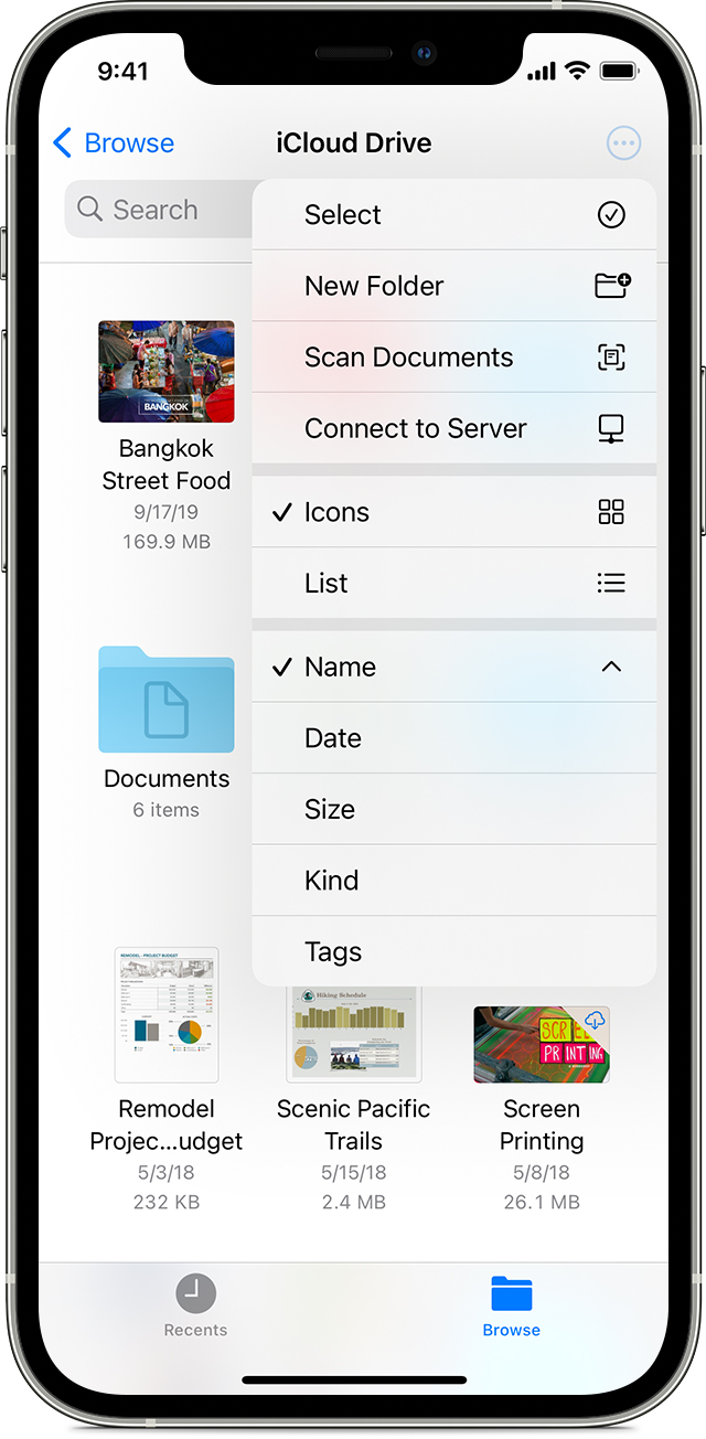 The More button is selected in the Files app on an iPhone 12 Pro with options like Select and New Folder in the menu.