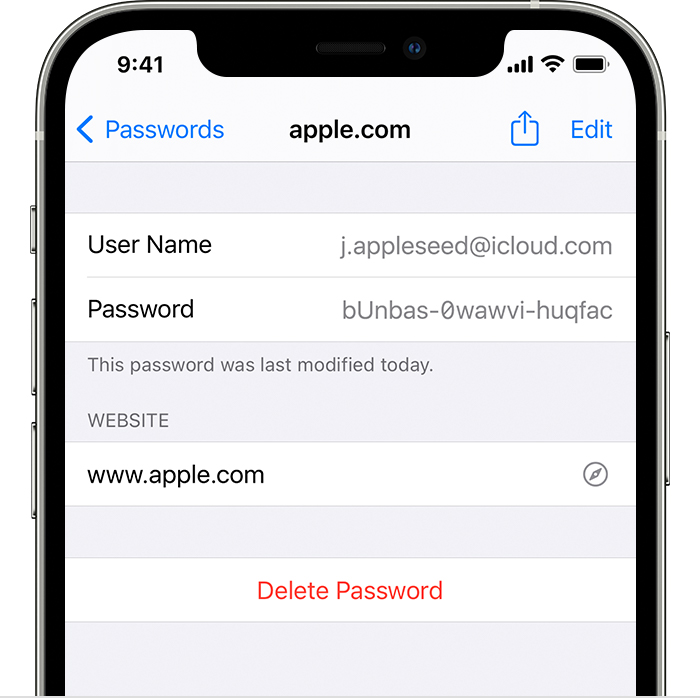 An iPhone 12 Pro shows the account details for the user's Apple account including the User Name and Password.
