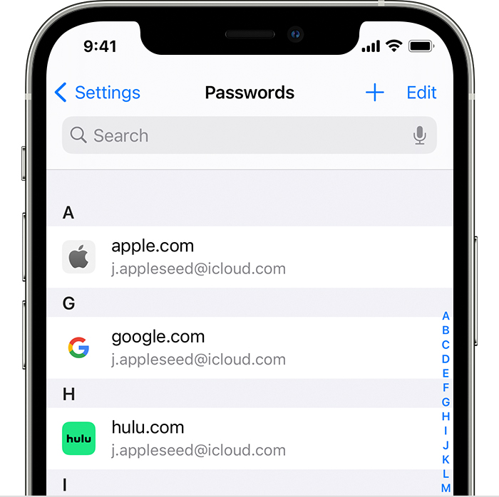 An iPhone 12 Pro showing that passwords have been saved for accounts, such as Apple, Google and Hulu, in the Passwords section of Settings.
