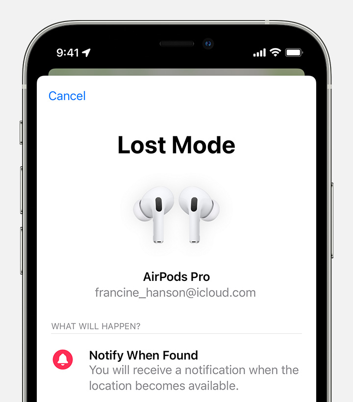 Uporabi aplikacijo Find My (Najdi moj) za vklop načina za izgubo za slušalke AirPods