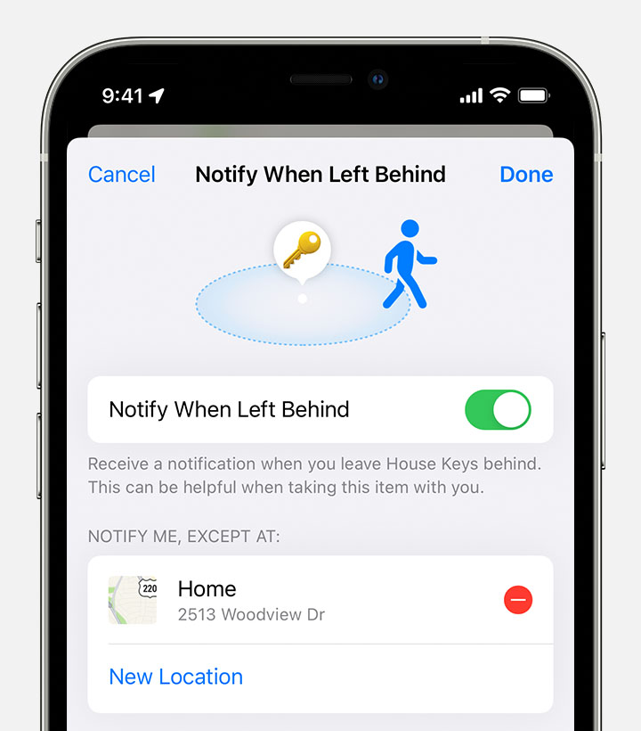 The Notify When Left Behind screen on an iPhone, with Notify When Left Behind turned on. Under "Notify me, except at:", Home is listed as a location. 