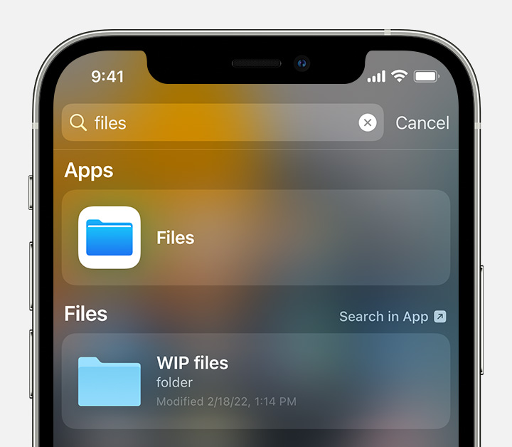 IPhone search results showing the Files app icon.