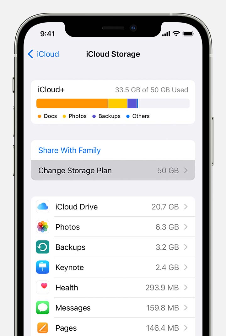 Нажмите «Сменить план хранилища», чтобы просмотреть варианты объема хранилища iCloud+ на iPhone.
