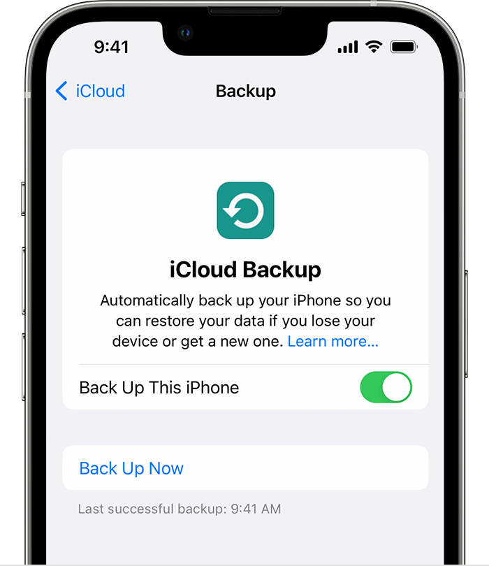 An iPhone showing the screen at Settings > [your name] > iCloud > iCloud Backup. The iCloud Backup toggle is turned on.