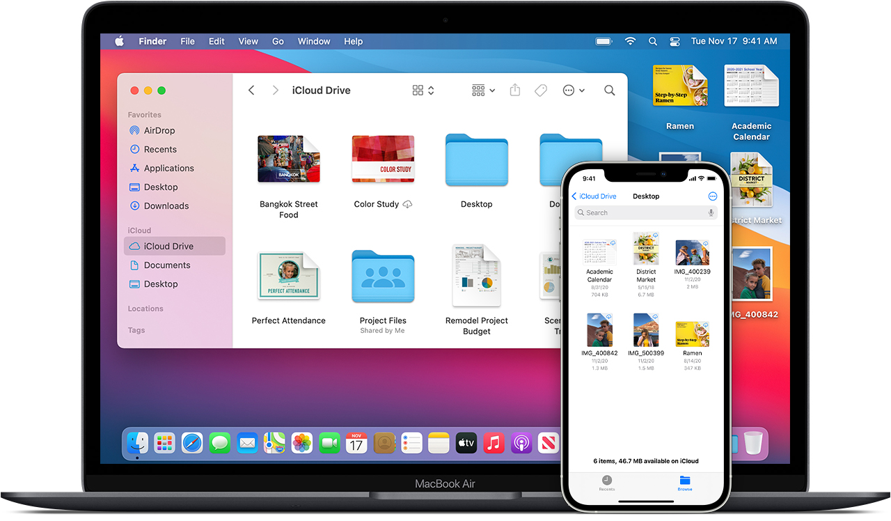 دسکتاپ یک مک بوک ایر که دارای macOS Big Sur است و iCloud Drive را نشان می دهد.  و یک آیفون 12 پرو دارای iOS 14 که دسکتاپ iCloud Drive را نشان می دهد.