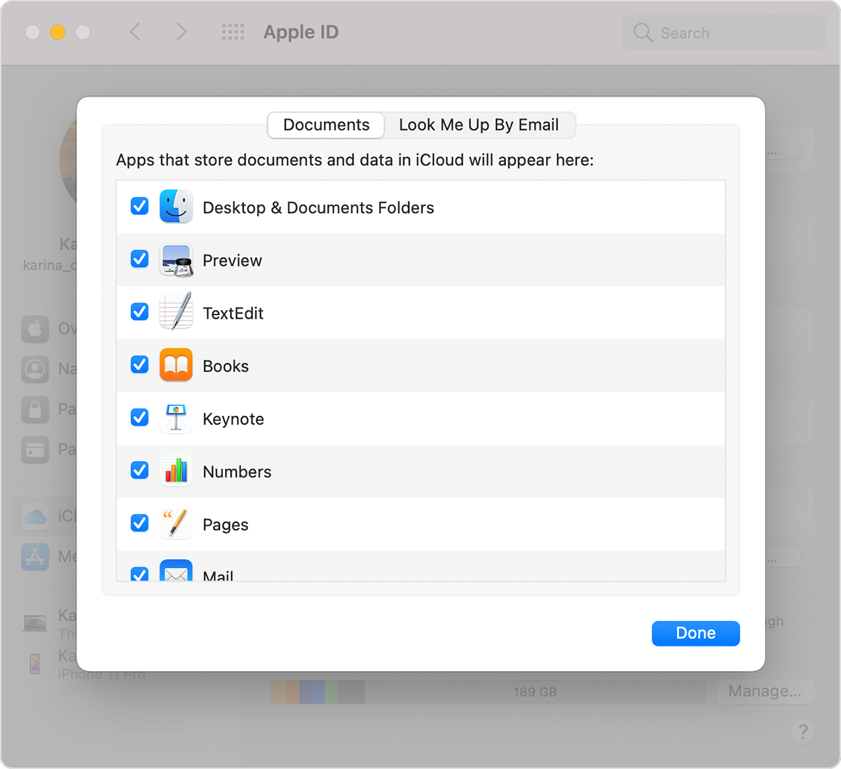 صفحه گزینه های iCloud Drive در Mac که گزینه Desktop & Documents Folders را انتخاب شده نشان می دهد.