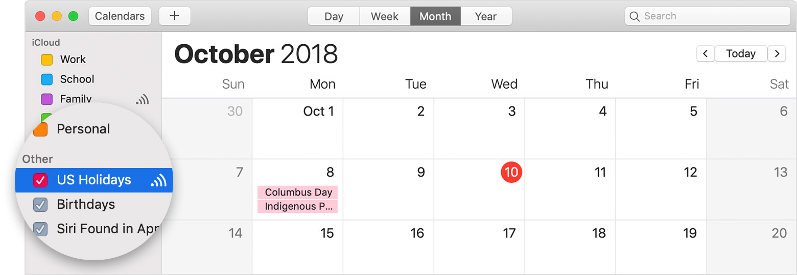 Ημερολόγιο iCloud με επιλεγμένο το ημερολόγιο στο οποίο έχει γίνει συνδρομή