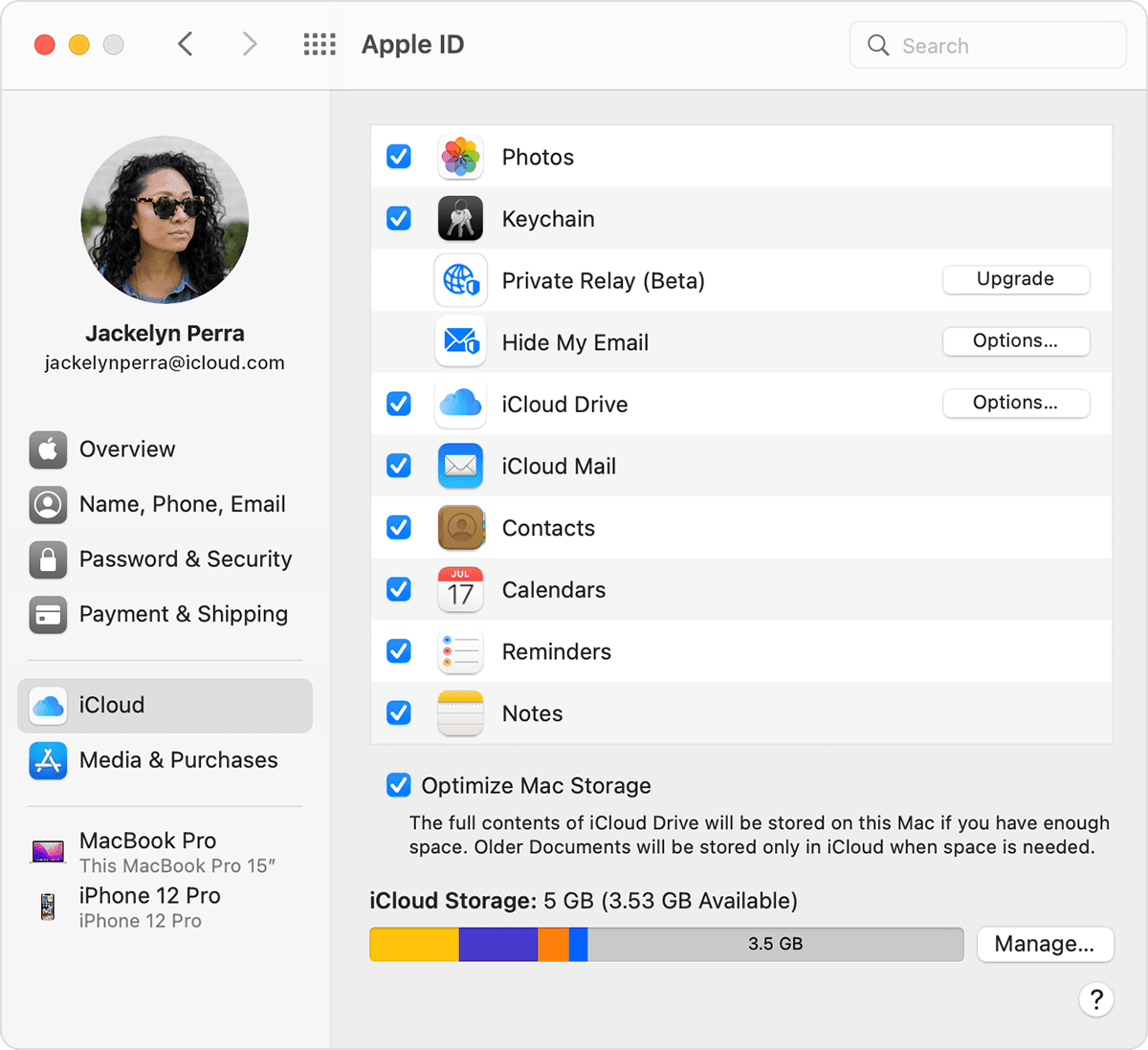Screenshot of System Preferences with iCloud Drive selected.