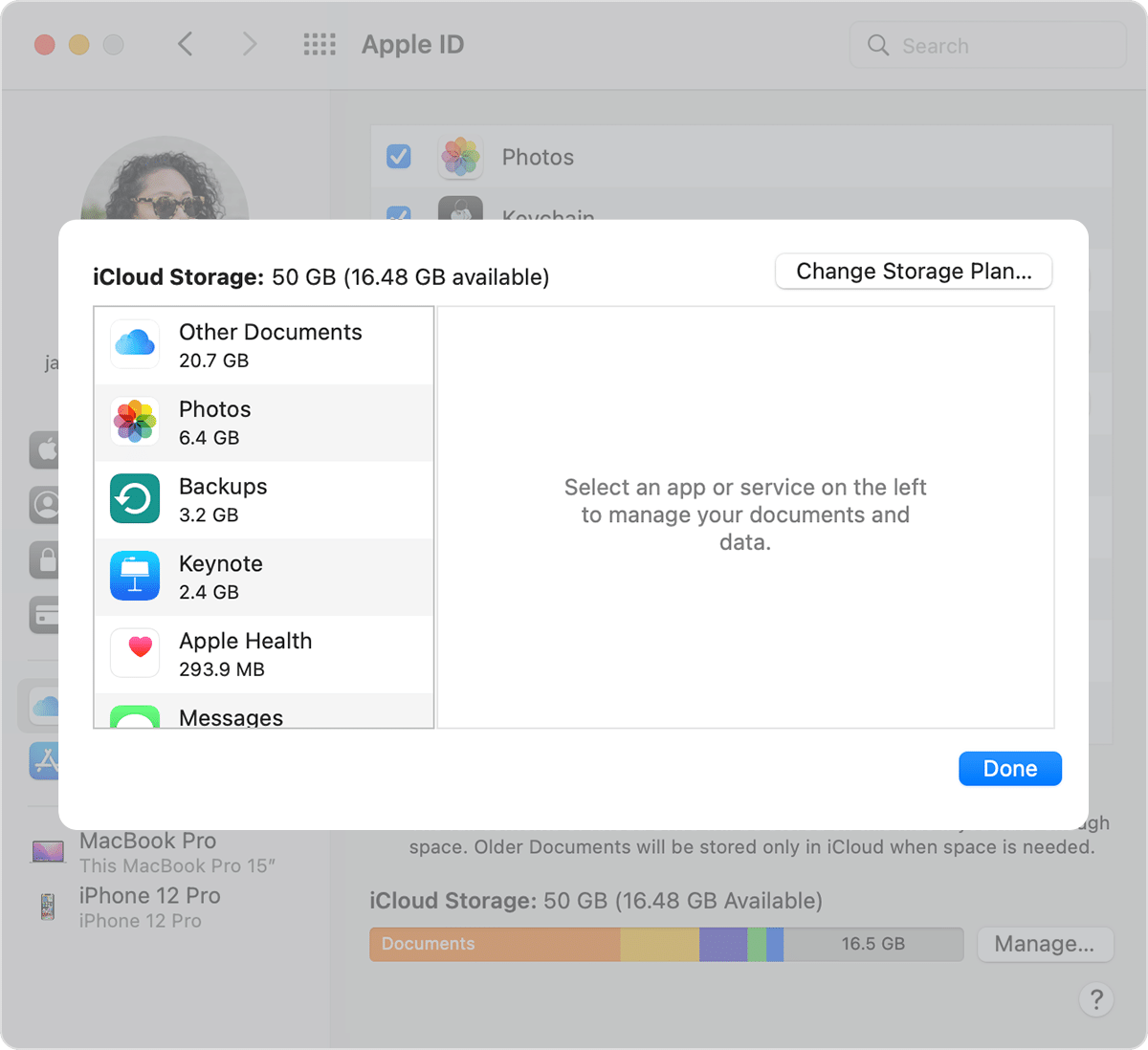 Clique em Mudar Armazenamento para escolher um novo plano de armazenamento do iCloud+ no Mac