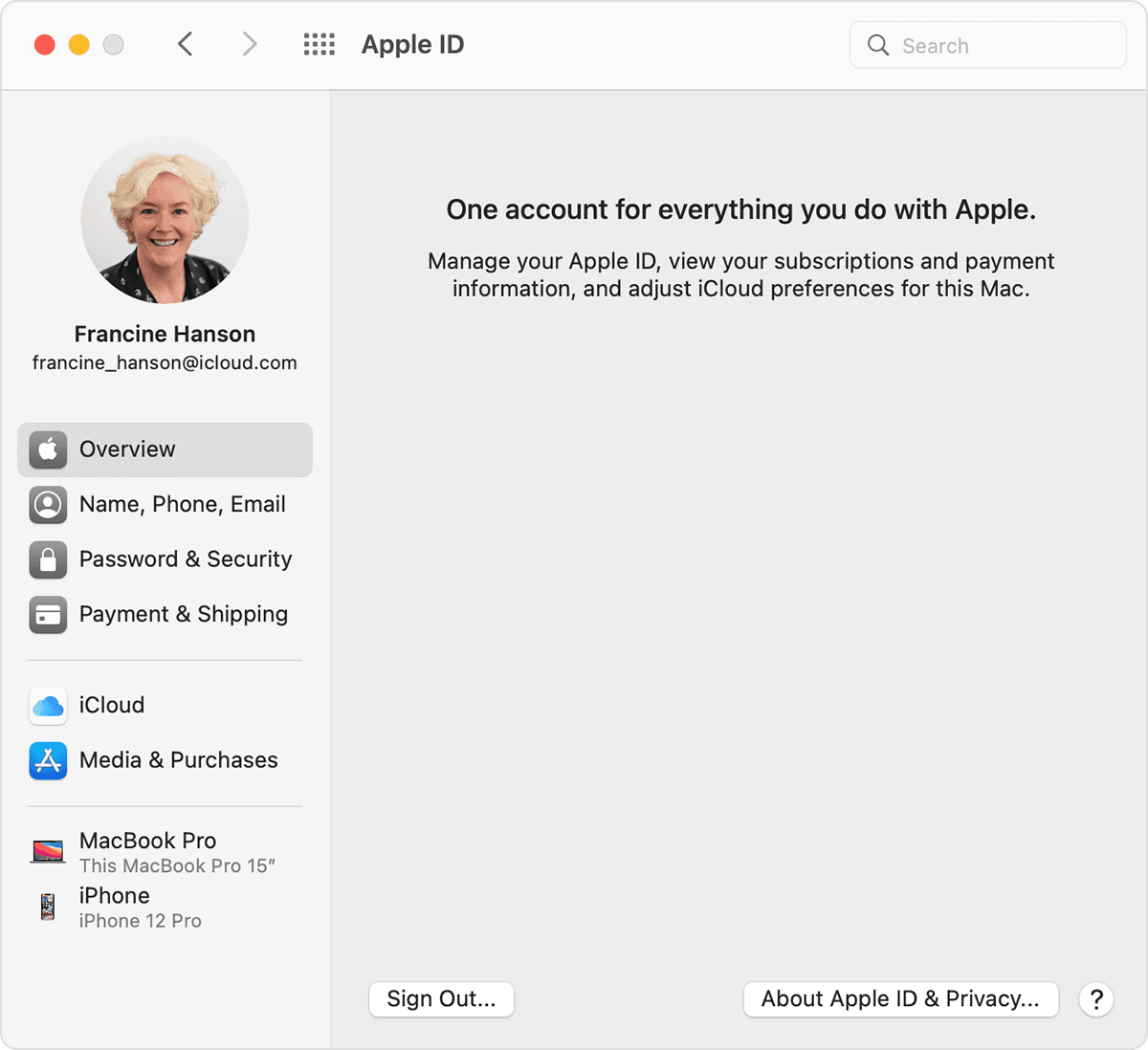 An image of the macOS System Preferences menu for Francine Hanson. The Sign Out button is towards the bottom on the righthand side.