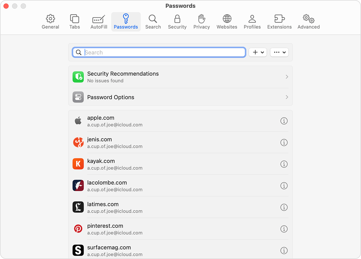On your Mac, you can view saved passwords and passkeys in Safari Settings.