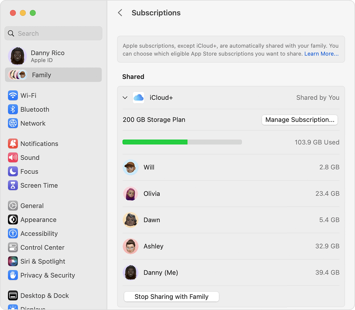 En iCloud, se muestra tu plan de almacenamiento y la cantidad de almacenamiento que has utilizado.