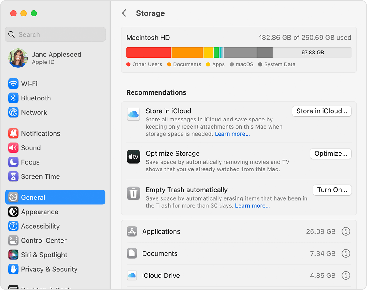 The amount of storage that you've used, and the total amount of storage on your device, are shown in the top section. 