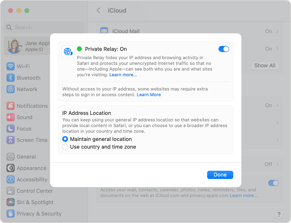 Click next to Private Relay to turn it on or off.