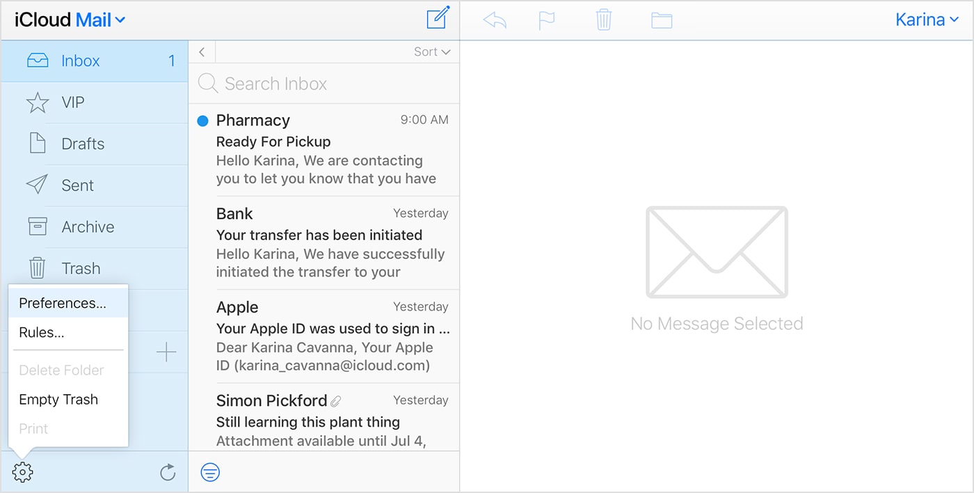 iCloud Mail window with Preferences highlighted in the menu that appears when you click the gear icon.