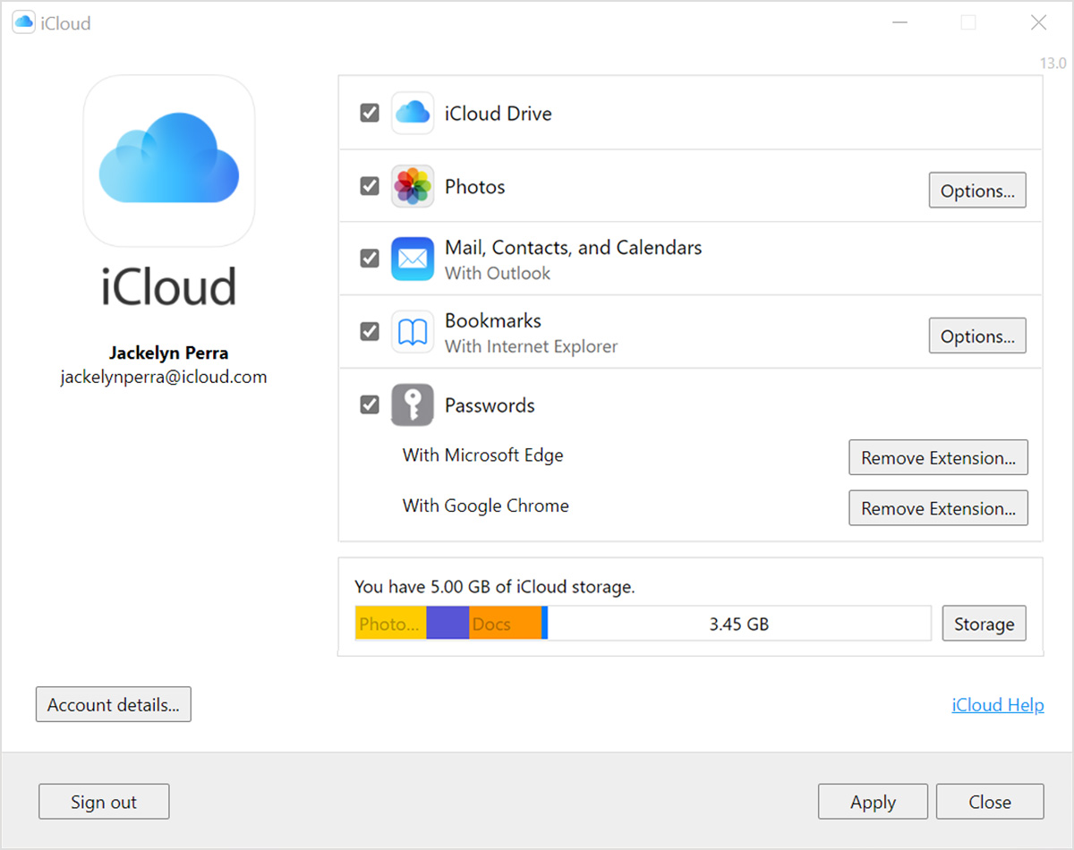 Screenshot of iCloud for Windows with iCloud Drive selected.