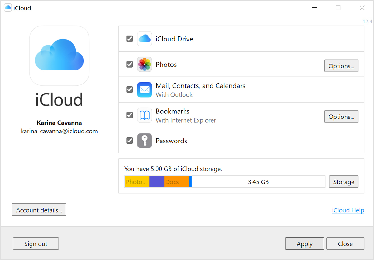 In iCloud for Windows, your Apple ID email address is below your name.