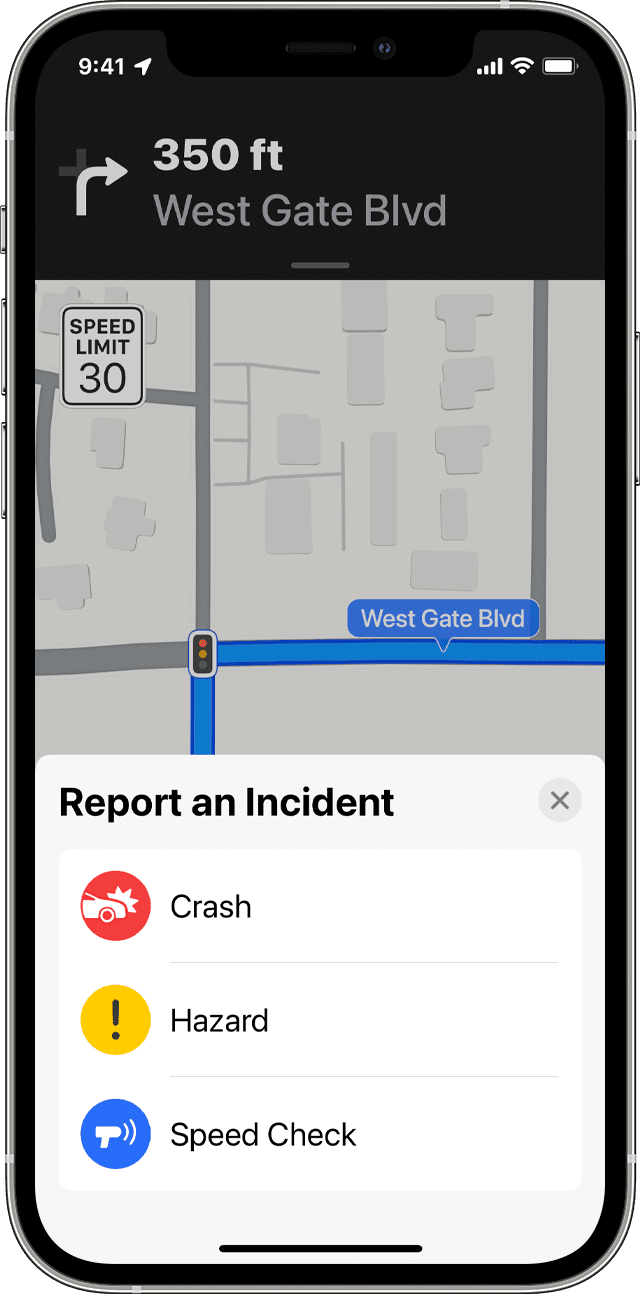 iPhone screen showing Maps Report an Incident options