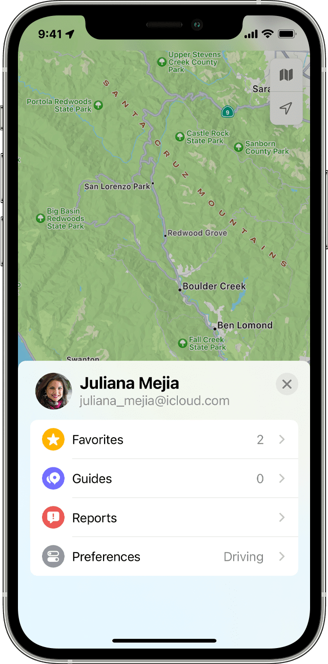 Экран iPhone с параметрами меню профиля приложения «Карты»